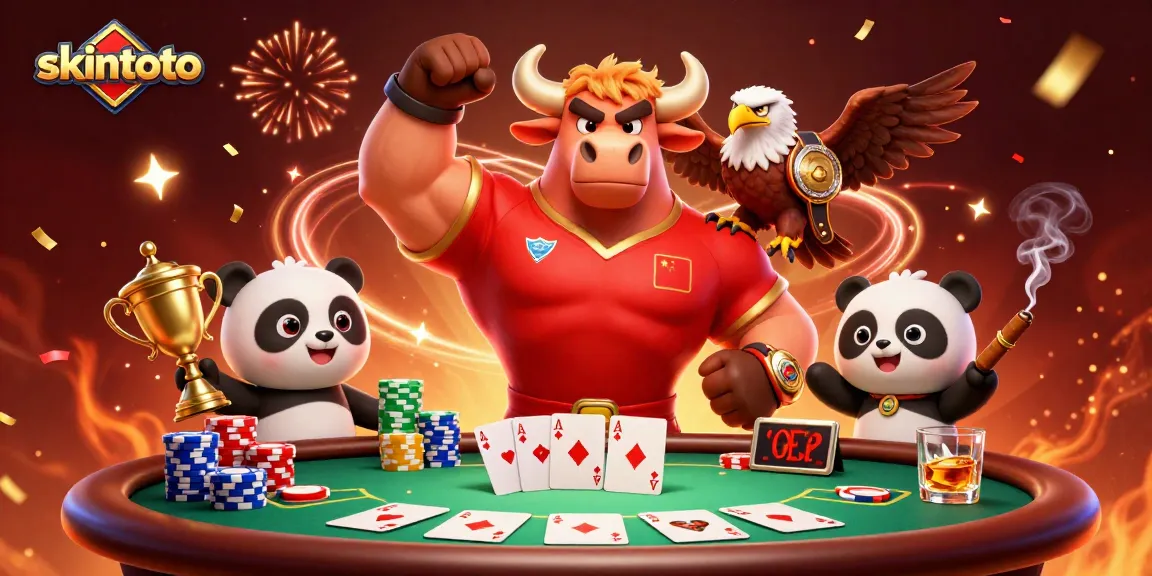 Skintoto menghadirkan suasana kasino dengan kemenangan, piala, dan tumpukan chip poker.