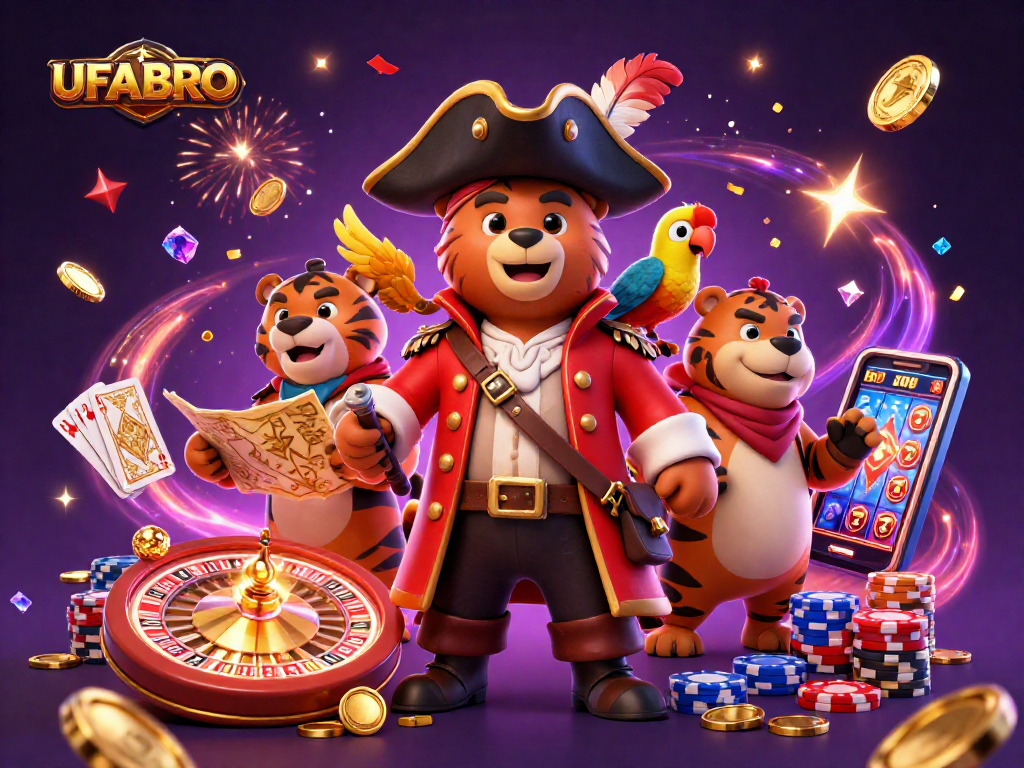 UFABRO delightfully presents a 3D illustration of a pirate bear and his crew celebrating with casino games, coins, and gems.