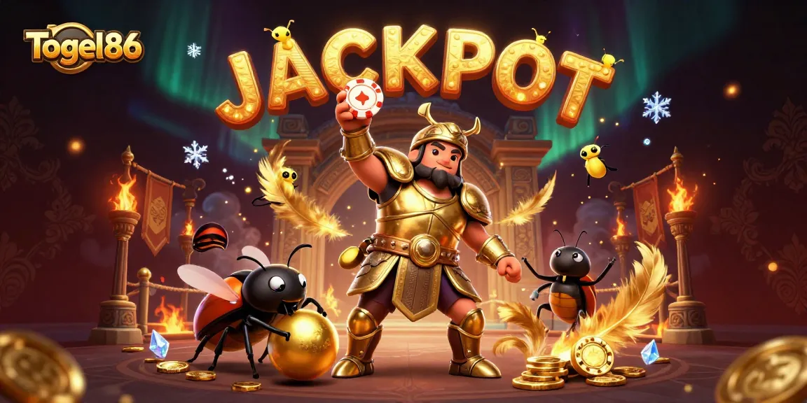 Togel86 celebrates wins with an illustration of a victorious cartoon beetle lifting a poker chip, surrounded by festive gaming elements.