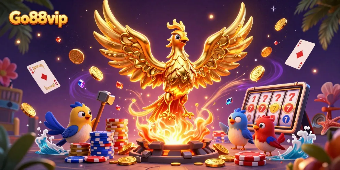 Experience the excitement of Go88vip with golden coins and casino games in this vibrant 3D illustration.