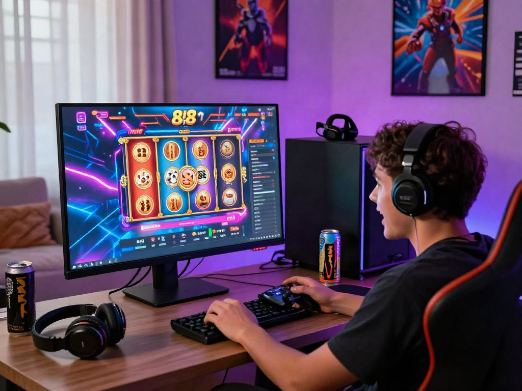 Player enjoying slot88 gaming experience at home with dynamic interface and ambient lighting.