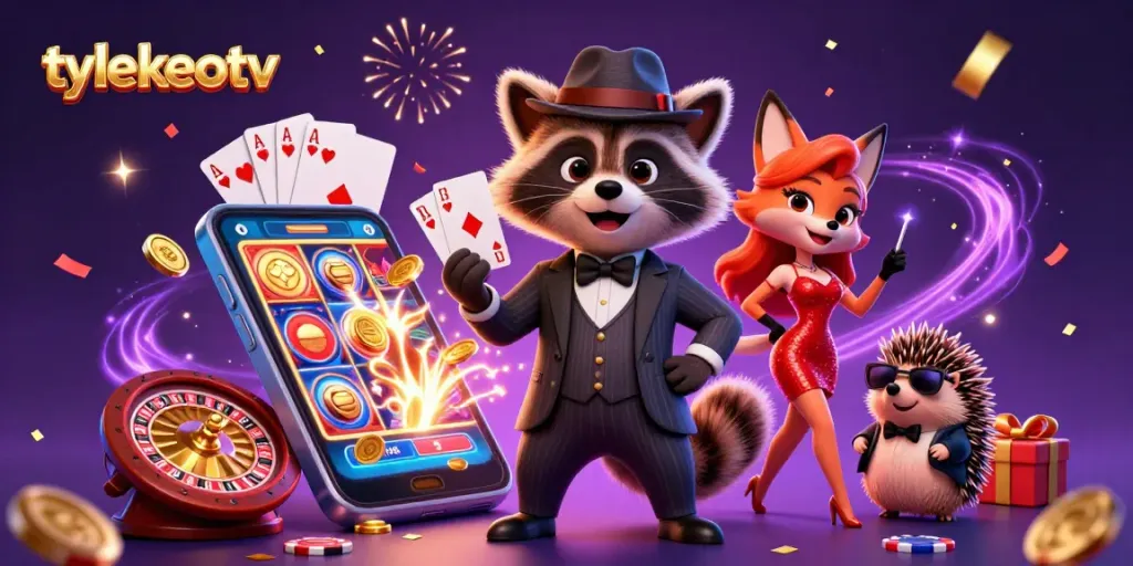 Engage in thrilling gameplay with tylekeotv, featuring a suave raccoon with a royal flush hand alongside a fashionable fox and a bouncer.
