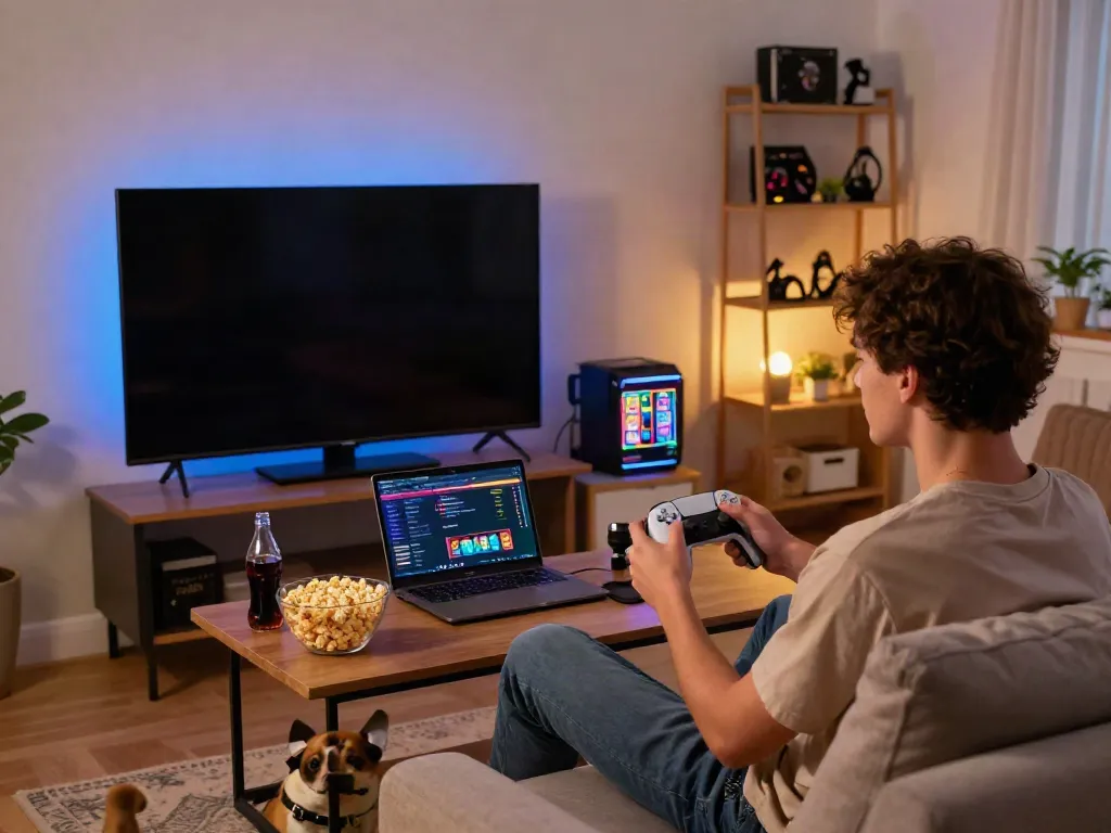 Engaging ทดลองสล็อต gaming session at home with colorful screen.
