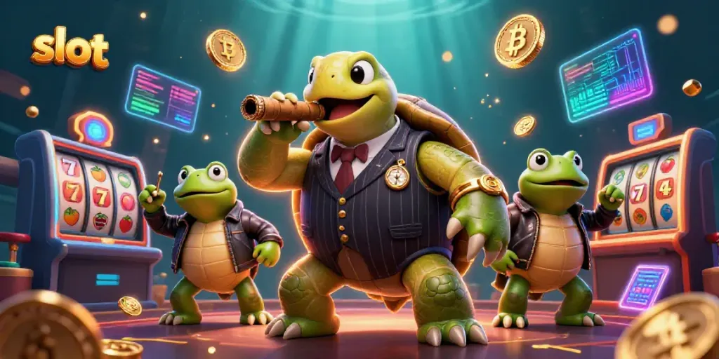 Engage in thrilling slot action with a turtle mobster and bullfrog enforcers in a vibrant casino.