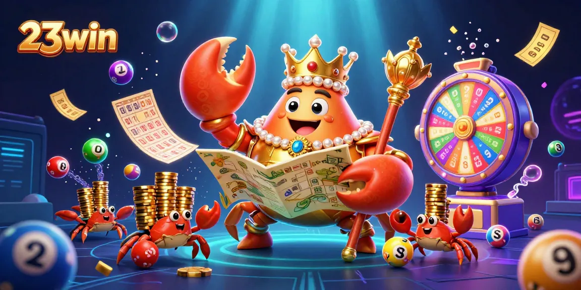 Engage with exciting 23win gaming experiences featuring a golden crab emperor in vibrant casino-themed scene.