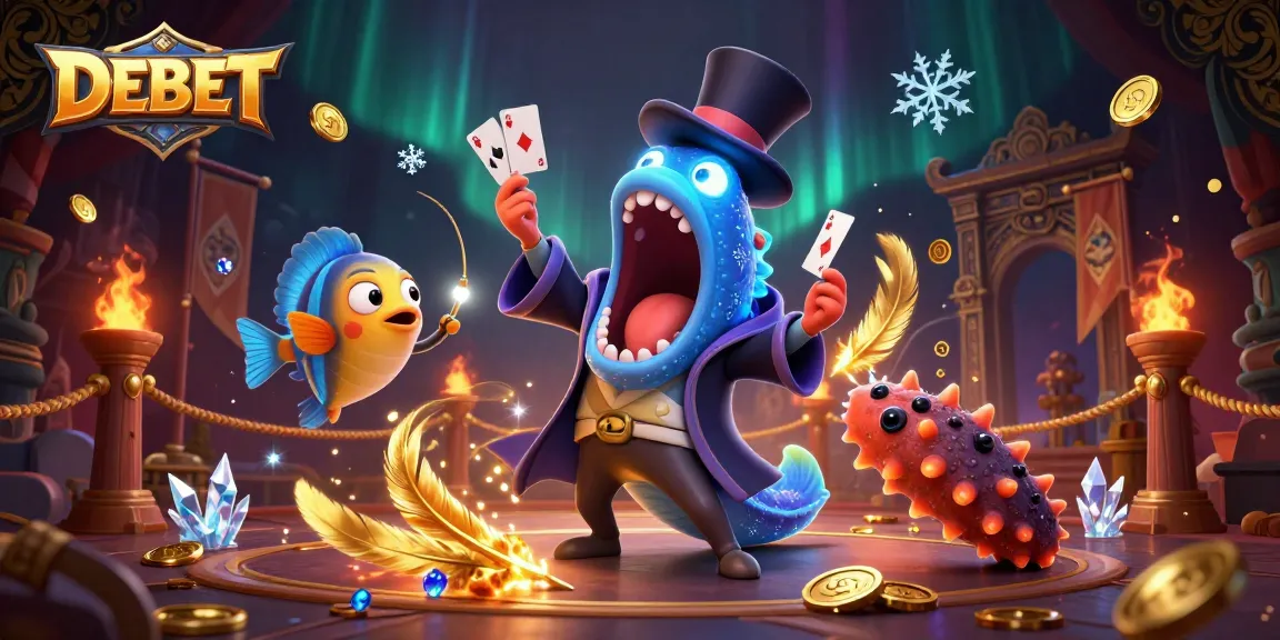 Engage in DEBET's vibrant casino action with deep-sea creatures performing magic tricks amidst a spectacle of gold.