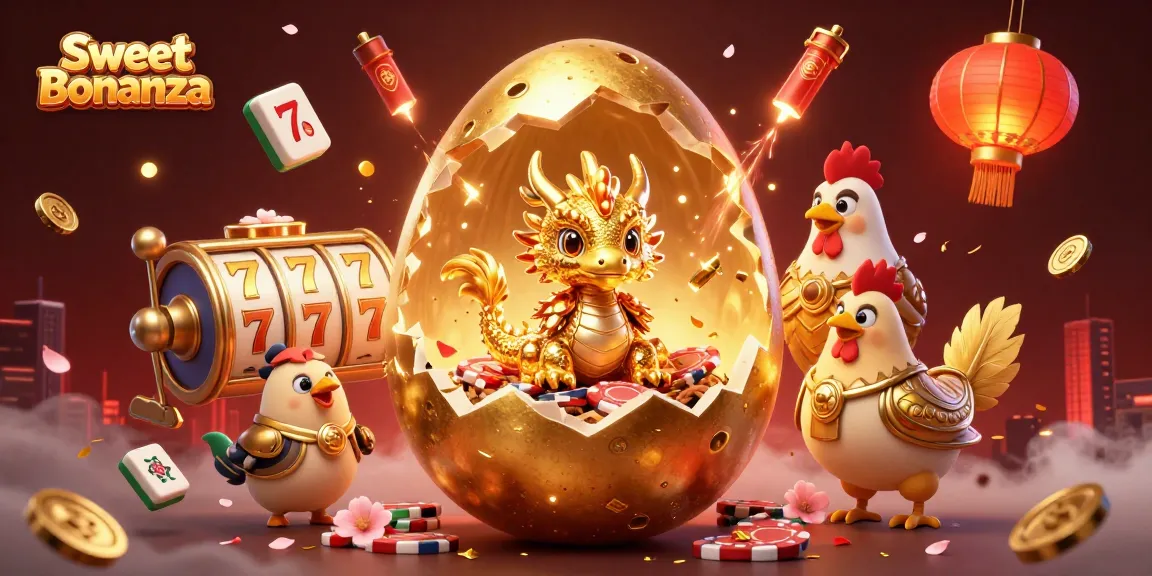 Engage with Sweet Bonanza featuring a golden dragon guarding poker chips amidst vibrant casino elements.