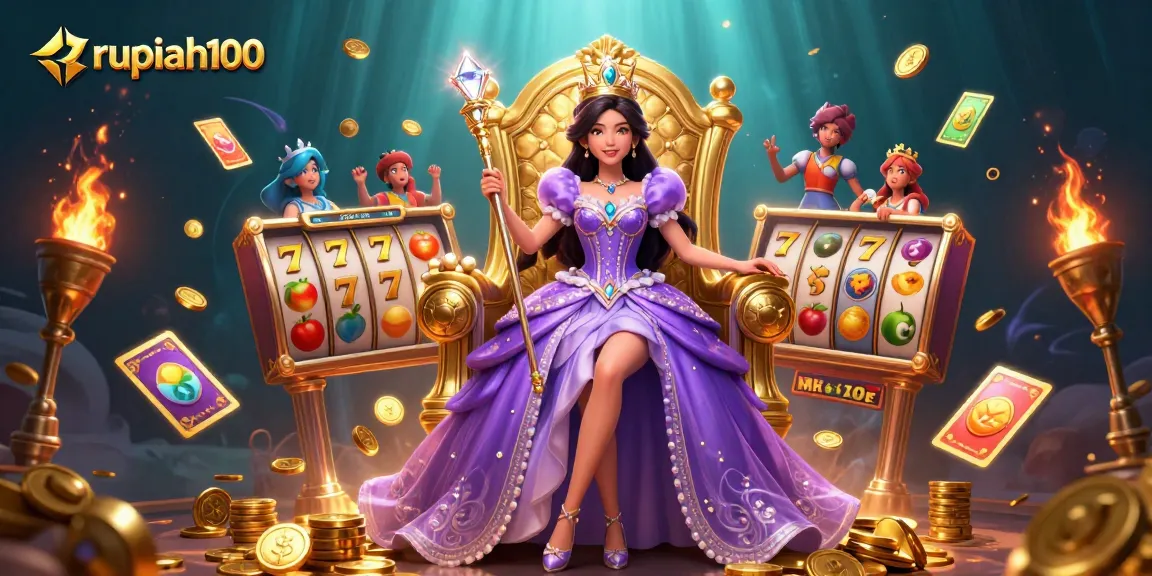 Experience the thrill of winning at rupiah100 with vibrant slot machines and a regal princess.