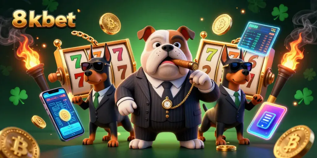 Generate exciting wins at 8xbet with dynamic 3D illustration featuring a mafia bulldog and casino elements.