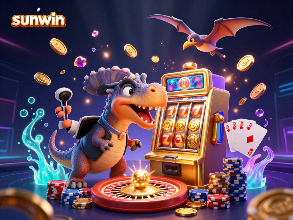 sunwin features a pachycephalosaurus winning coins at a colorful slot machine in a vibrant casino