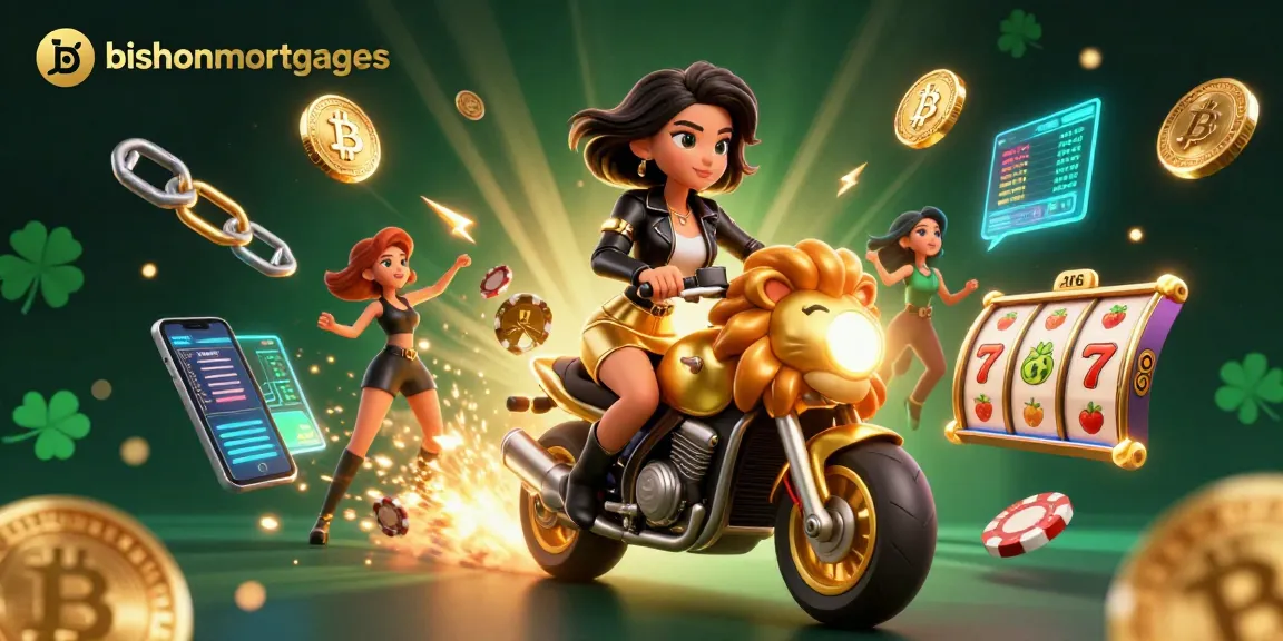 Experience thrilling wins at bishopmortgages as a glamorous Asian woman rides a golden lion in a vibrant casino scene.