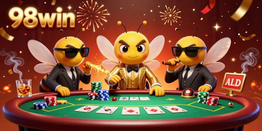 Engage in thrilling poker action at 98win with a dynamic live casino scene featuring a bumblebee mob boss and exciting game elements.