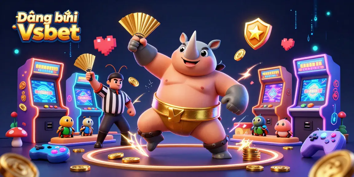 Engage in thrilling gambling action with Đăng ký Vsbet, illustrated with vibrant arcade elements.