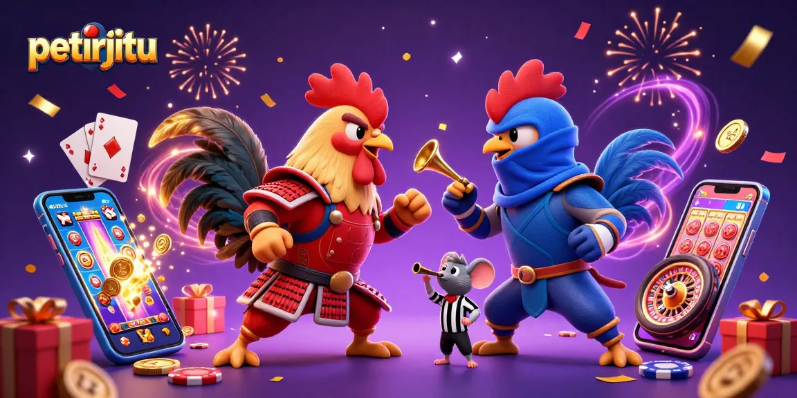 Petirjitu menampilkan duel ayam jantan 3D bertarung di arena judi, dengan elemen permainan yang mendebarkan.