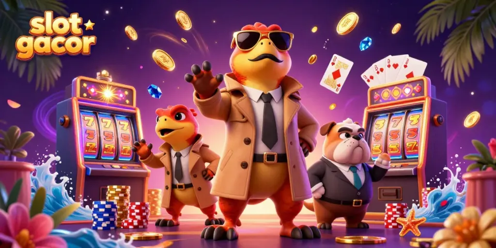 Raptors in trench coat attempting VIP entry with slot gacor elements in an extravagant casino scene