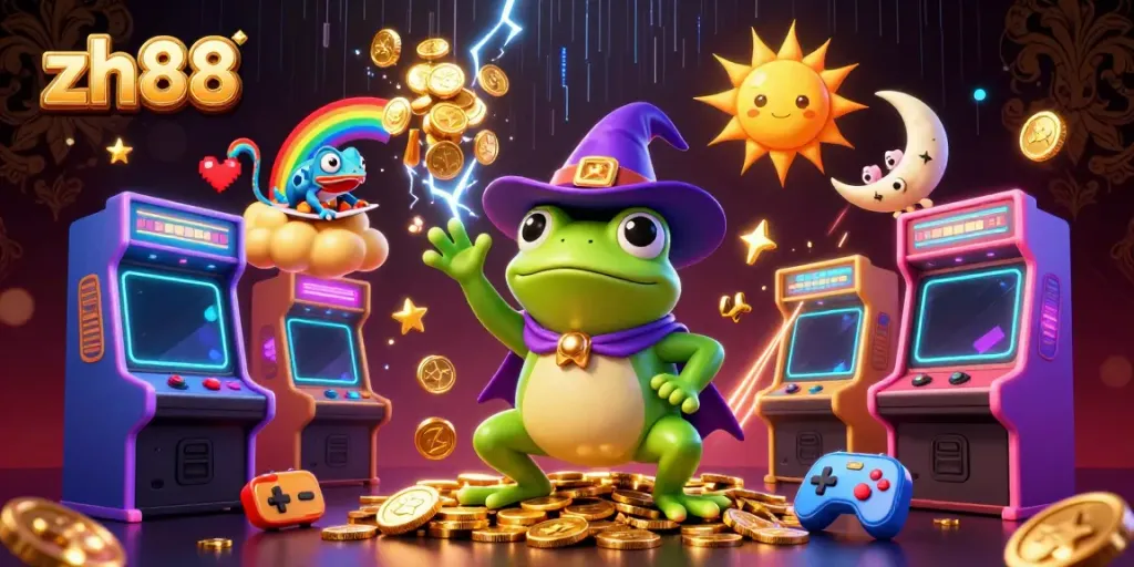 Experience the excitement of zh88 with a magical frog and chameleon amidst vibrant gaming elements.