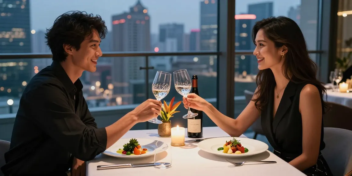 Pasangan menikmati suasana LUXURY 111 di restoran rooftop mewah dengan hidangan gourmet dan pemandangan kota.