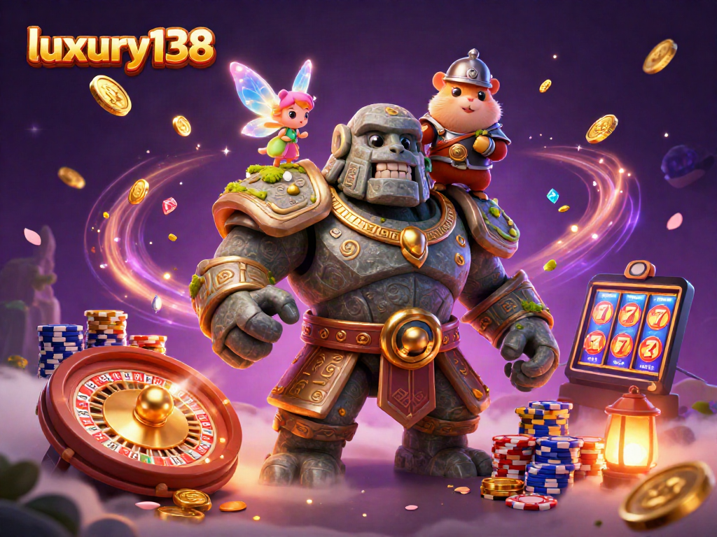 Permainan di luxury138: Golem penjaga dengan peri dan kesatria hamster di dalam kasino yang gemerlap.