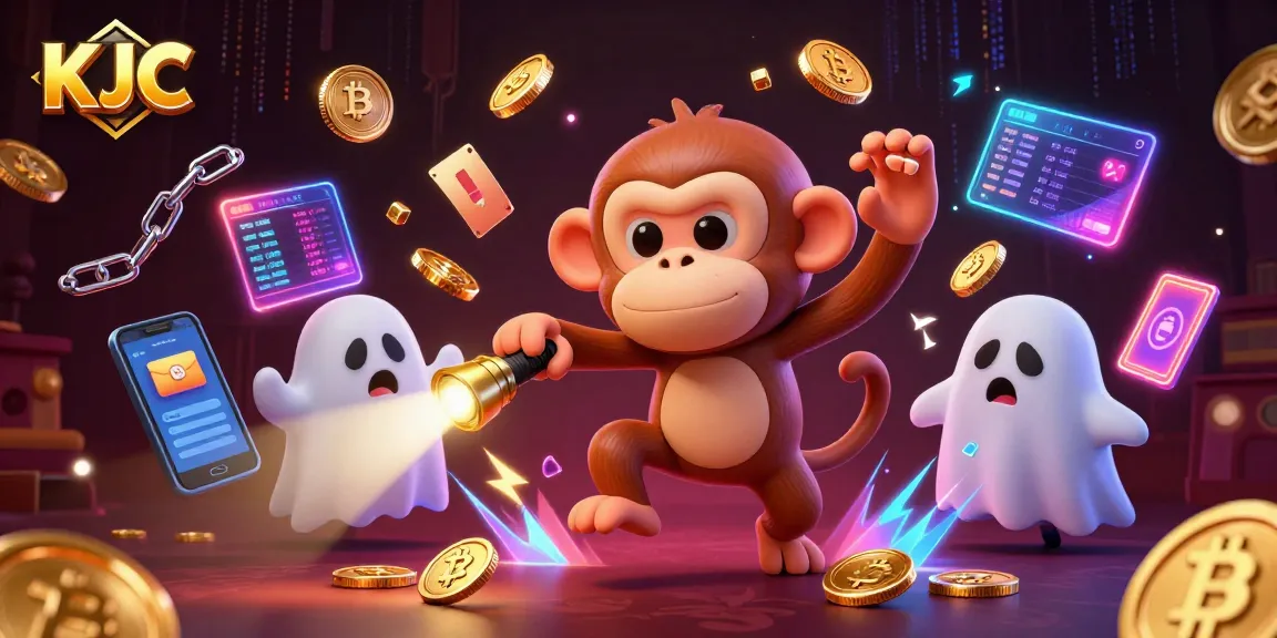 The KJC gaming experience comes alive in an action-packed casino illustration featuring a playful poltergeist monkey and a curious puppy.