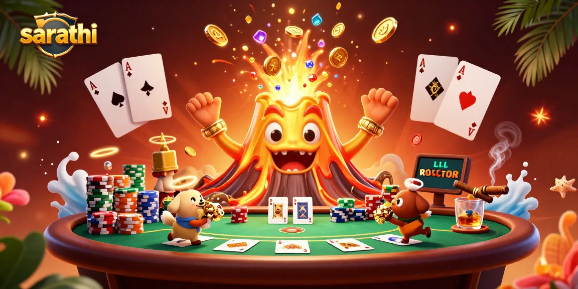 Experience the thrill of sarathi with a vibrant 3D casino scene featuring treasures and poker elements.