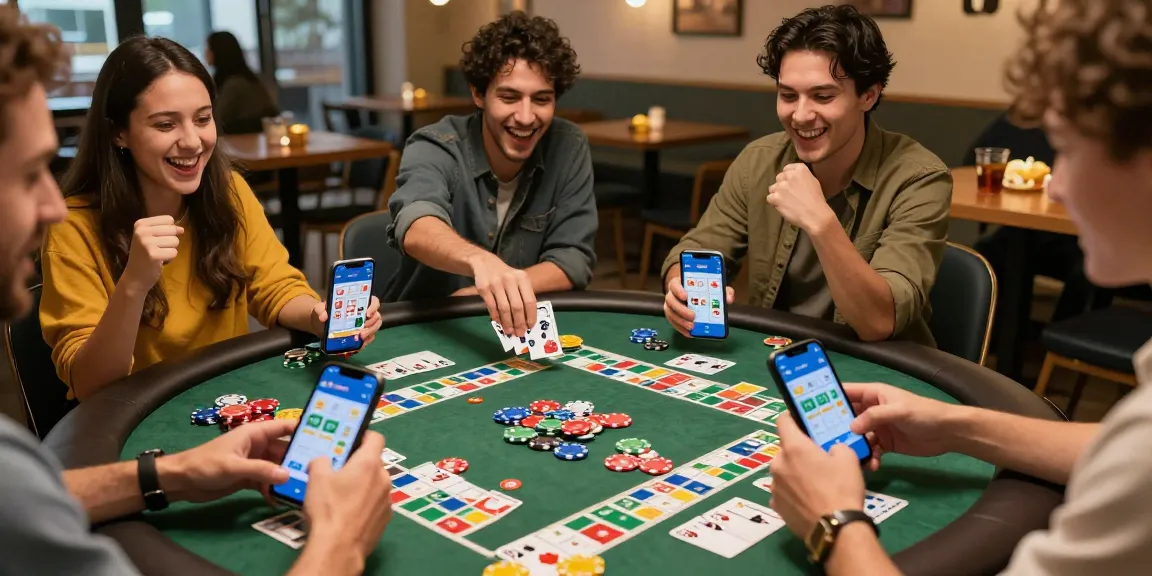 Players enjoying a lively game session on a rummy app, surrounded by poker chips and laughter.