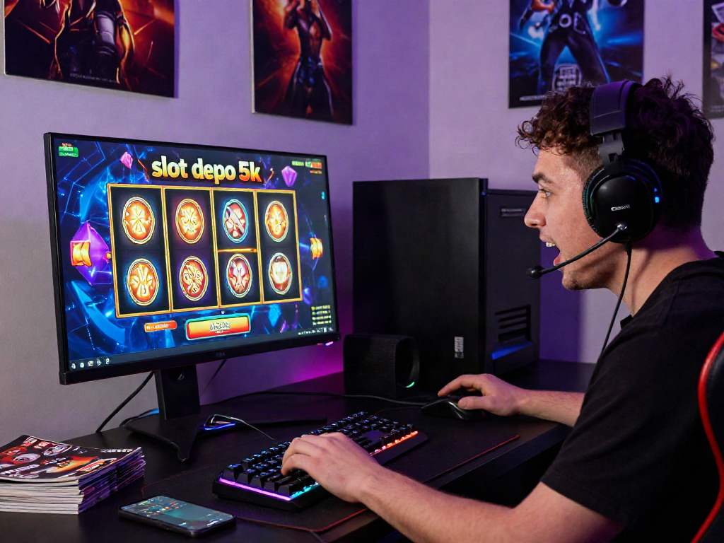 Engaged player experiencing excitement in a "slot depo 5k" online gambling session at a vibrant computer setup.