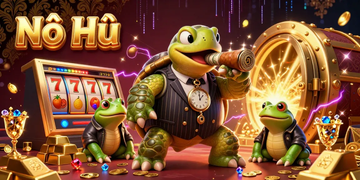 Nổ Hũ casino illustration with a snapping turtle and bullfrog enforcers amidst slot machines and treasure