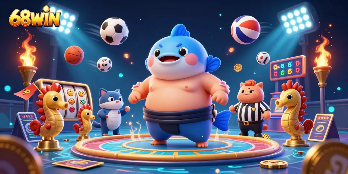 Experience the excitement of 68WIN's vibrant casino with dynamic 3D illustrations of games and joyful sea creatures.