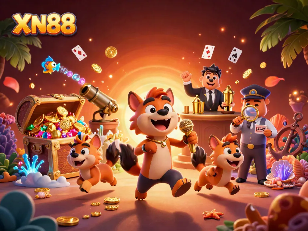 Experience the vibrant XN88 casino scene with hyena characters, gold coins, and gameplay excitement.