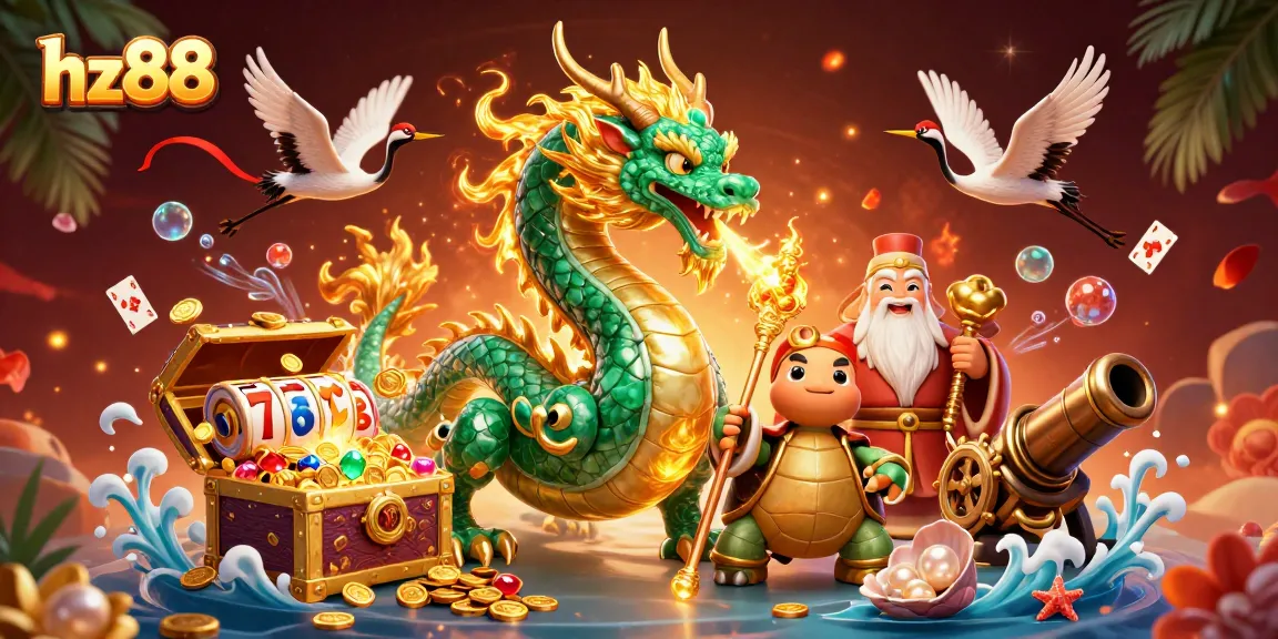 Experience thrilling gameplay at hz88 with an exciting illustration of a dragon, turtle sage, and lucky cranes.
