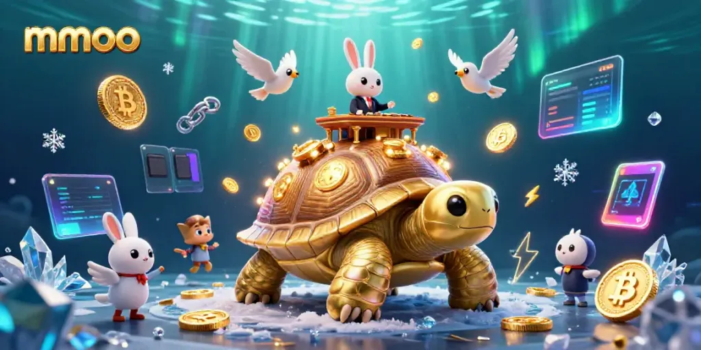Engage with mmoo in a vibrant casino scene featuring a golden tortoise, rabbit dealer, and dynamic game elements.