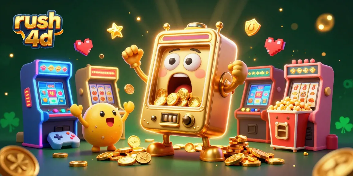 Mesin slot emas 3D kaget jackpot di rush 4d dengan mesin kecil bersorak di sekitarnya.