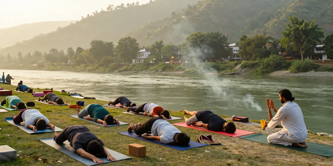 Yoga teacher training in Rishikesh with diverse participants practicing poses by the Ganges, embodying serenity and nature.