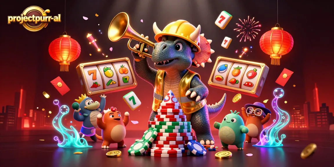 Engage with projectpurr-al featuring a cheerful triceratops building poker chip towers amid vibrant casino elements.