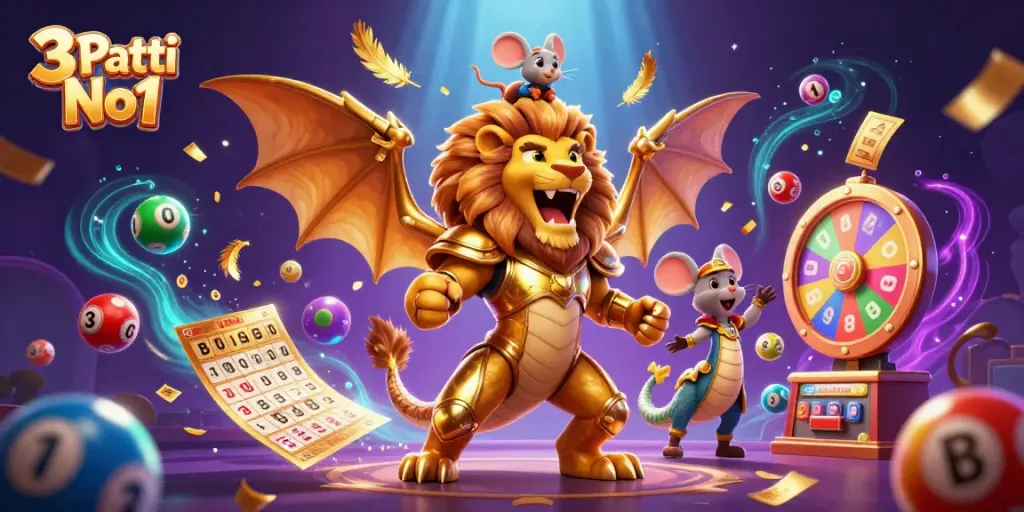 Engage in thrilling gameplay with 3 Patti No1 featuring colorful lottery elements and a triumphant chimera.