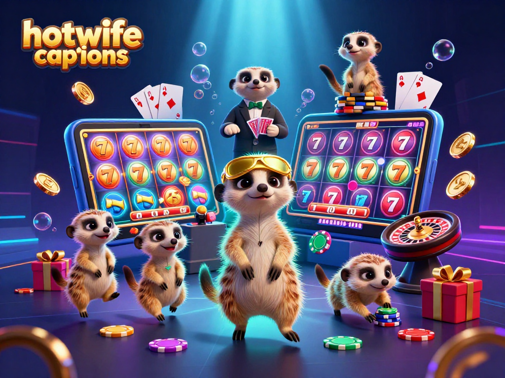 Engaging hotwife captions featuring a lively meerkat casino scene with colorful slot games.