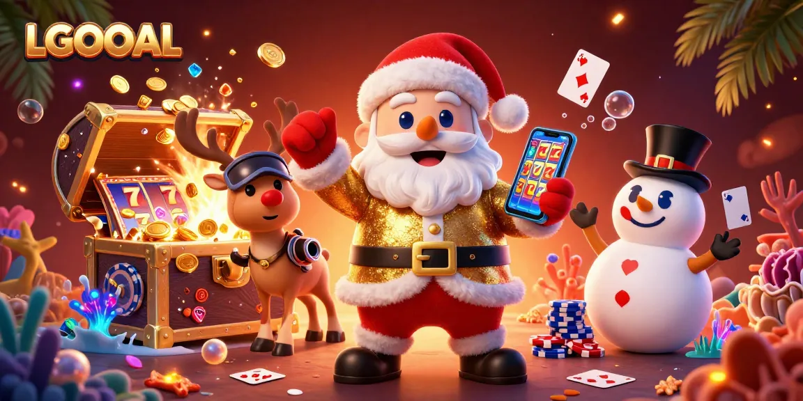 Win big at LGOGOAL with Santa and friends in a vibrant casino scene filled with slots and treasures.