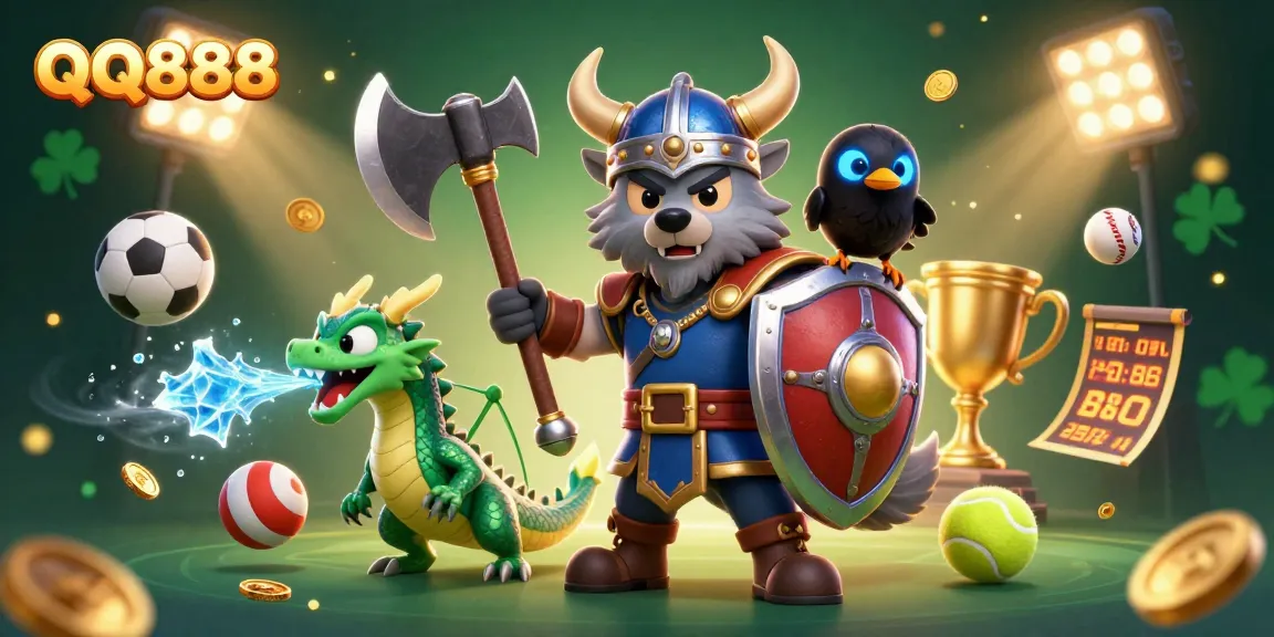 QQ888 delivers exciting gaming experiences with a Viking wolf warrior, dragon, and sports elements in a dynamic scene.
