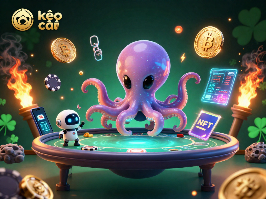 Engage with kèo nhà cái as a 3D alien octopus plays poker with crypto-themed elements.
