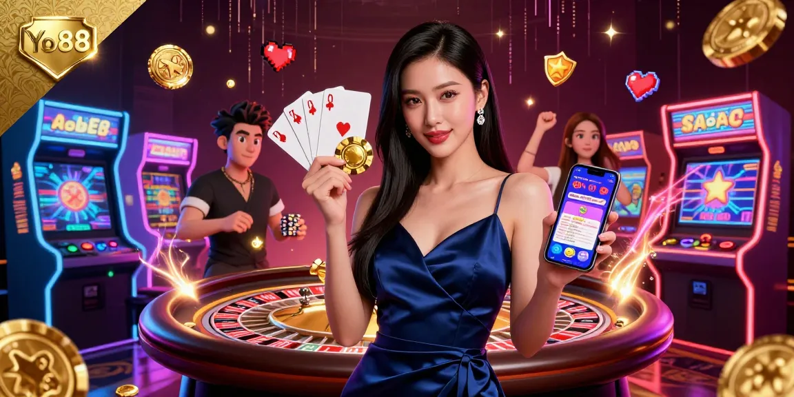 Engage in thrilling games at Yo88 featuring a stunning woman in a satin dress, casino elements, and vibrant visuals.