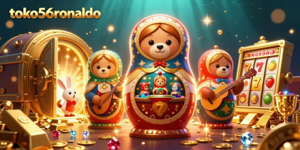 Permainan slot menarik di toko56ronaldo dengan Matryoshka beruang dan harta karun berkilau.