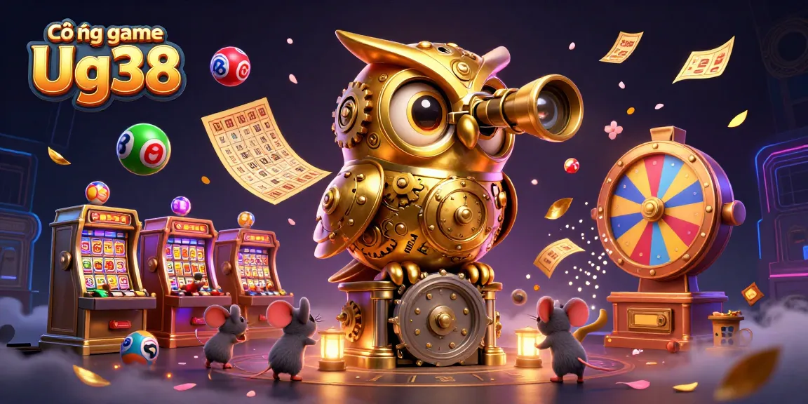 Cổng game Ug38 features a whimsical golden owl and mice amidst vibrant casino games and elements for gambling enthusiasts.