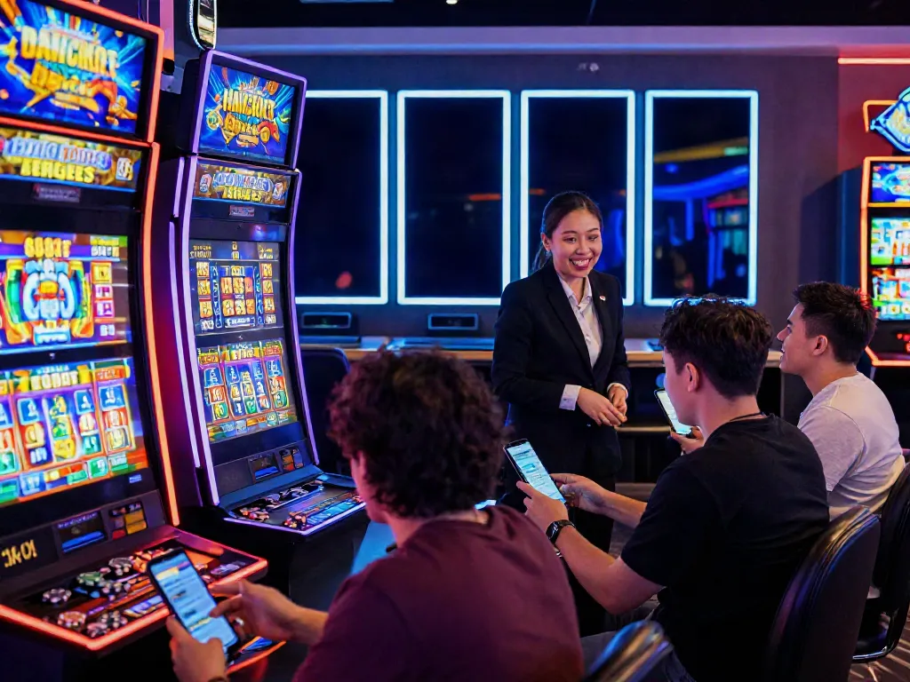 Akujp online gambling scene showcasing colorful slot machines and engaged players in a modern gaming environment.