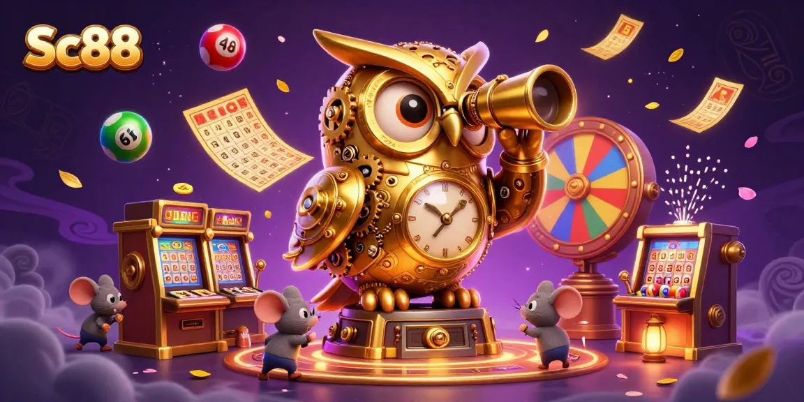 Experience fun gaming at Sc88 with a golden owl overseeing lively slot machines and games.