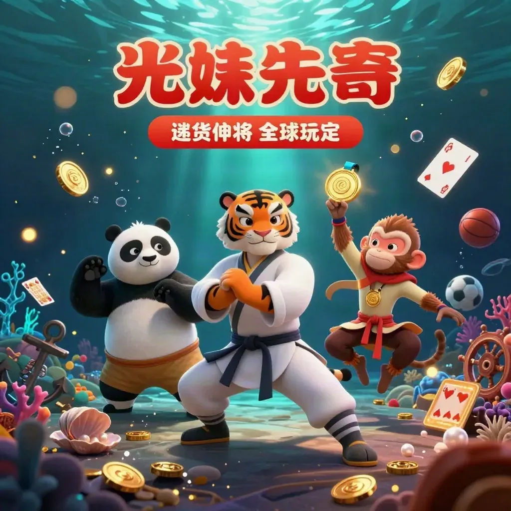 Tiger, panda, and monkey in a glowing underwater treasure cove with coins and sports props