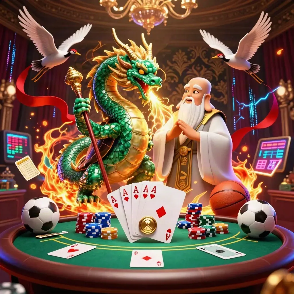 Emerald dragon and turtle sage with casino props in a dark neon burst