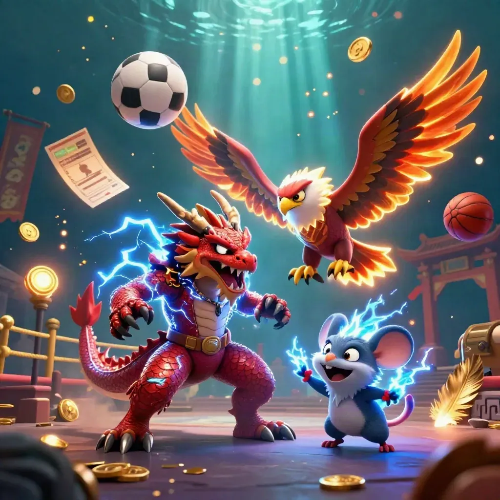 Thunder dragon, wind hawk and static mouse explode amid balls, coins, banners and cyan lightning.
