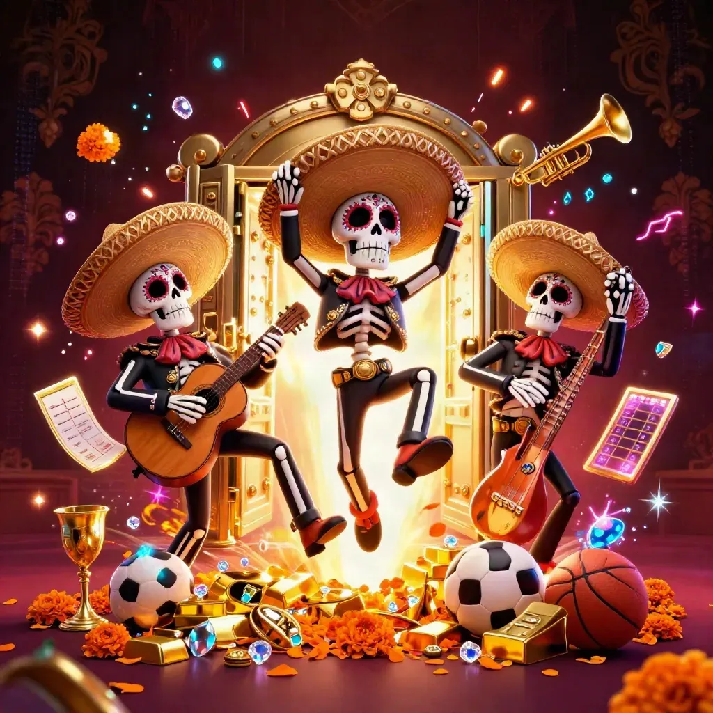 Skeleton mariachi trio amid vault gold, sports balls, neon energy and casino glam