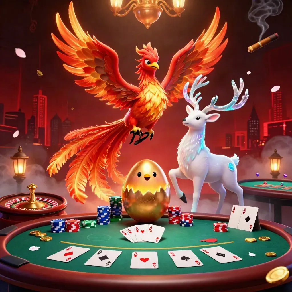 Phoenix, baby phoenix, and crystal stag amid a luxe neon casino scene with cards, chips, and roulette glow.