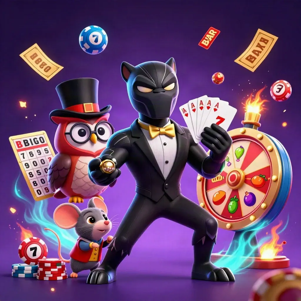 Panther, owl, and mouse deal chips amid lottery balls, prize wheel, and neon casino sparks.